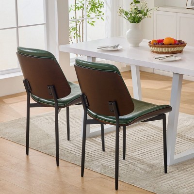 Mid Century Dining Chairs Set of 2 PU Leather Upholstered,Retro Walnut Bentwood Design with Adjustable Metal Legs–The Pop Home