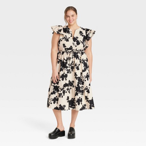 Women's Flutter Short Sleeve Midi Dress - A New Day™ Beige/Black Floral 4X