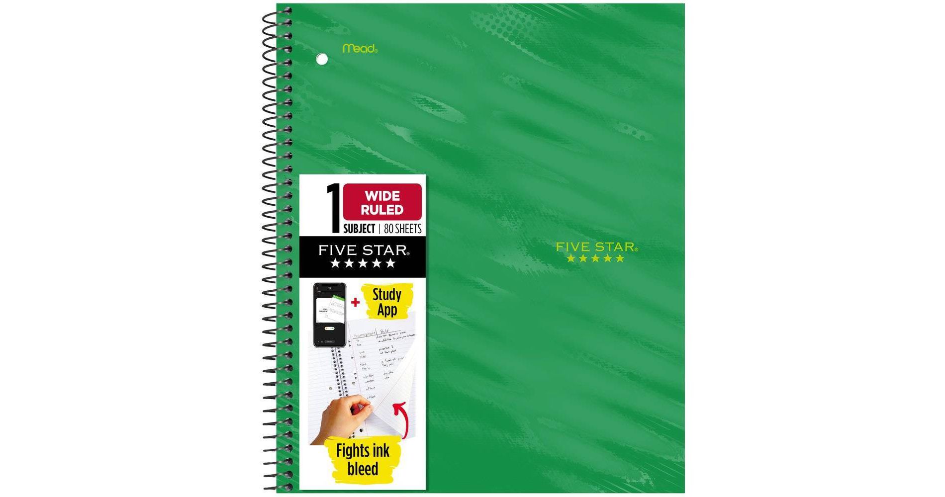 Five Star Active Subject Wide Ruled Notebook 80ct Green