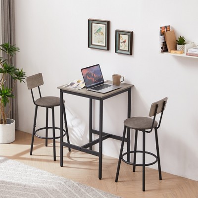 SKRAN Set of 3 Industrial Bar Table and Chairs, Square Pub Table with 2 Stools & Backrest,Counter Height set for Dining Room Small Space