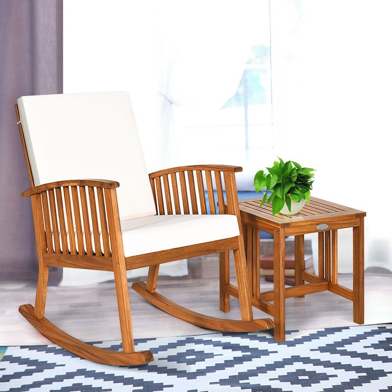 Costway 2PCS Acacia Wood Patio Rocking Chair Set Cushioned Coffee Table, 4 of 11