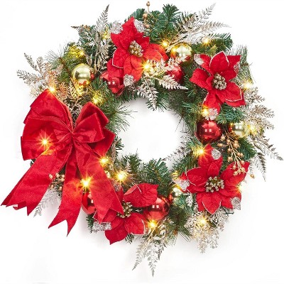 GAOMON 24 Inch Christmas Wreath with Lights for Front Door, Large Lighted Outdoor Christmas Wreaths with Timer Red Gold