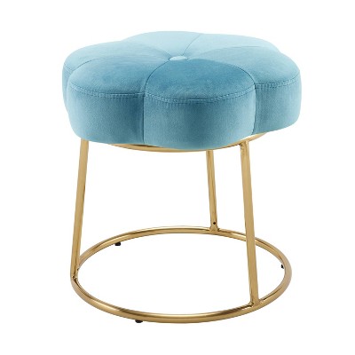 Boho Luxe Light Blue Velvet Flower Vanity Stool with Gold Base