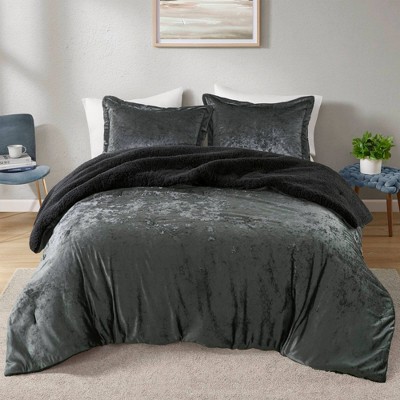 Twin Charcoal Velvet Reversible Bedspread Set with Sherpa