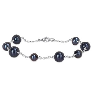 EVERLY JEWELRY | Sterling Silver 6.5-8.5mm Black Cultured Freshwater Pearl Station Bracelet - 7.25 in - 1 of 4