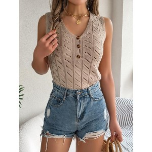 Womwns Sweater Knit Tank Tops Spring Summer Casual V Neck Sleeveless Hollow Out Crochet Vest - 1 of 4