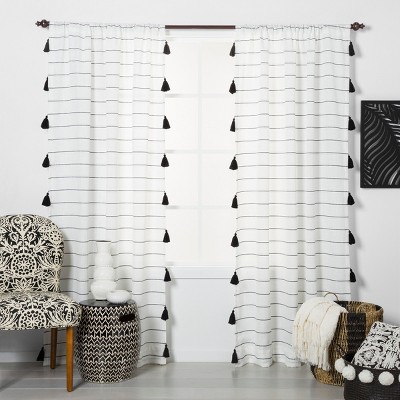 63"x54" Contrast Stripe Light Filtering Window Curtain Panel with Tassel Black/White - Opalhouse™