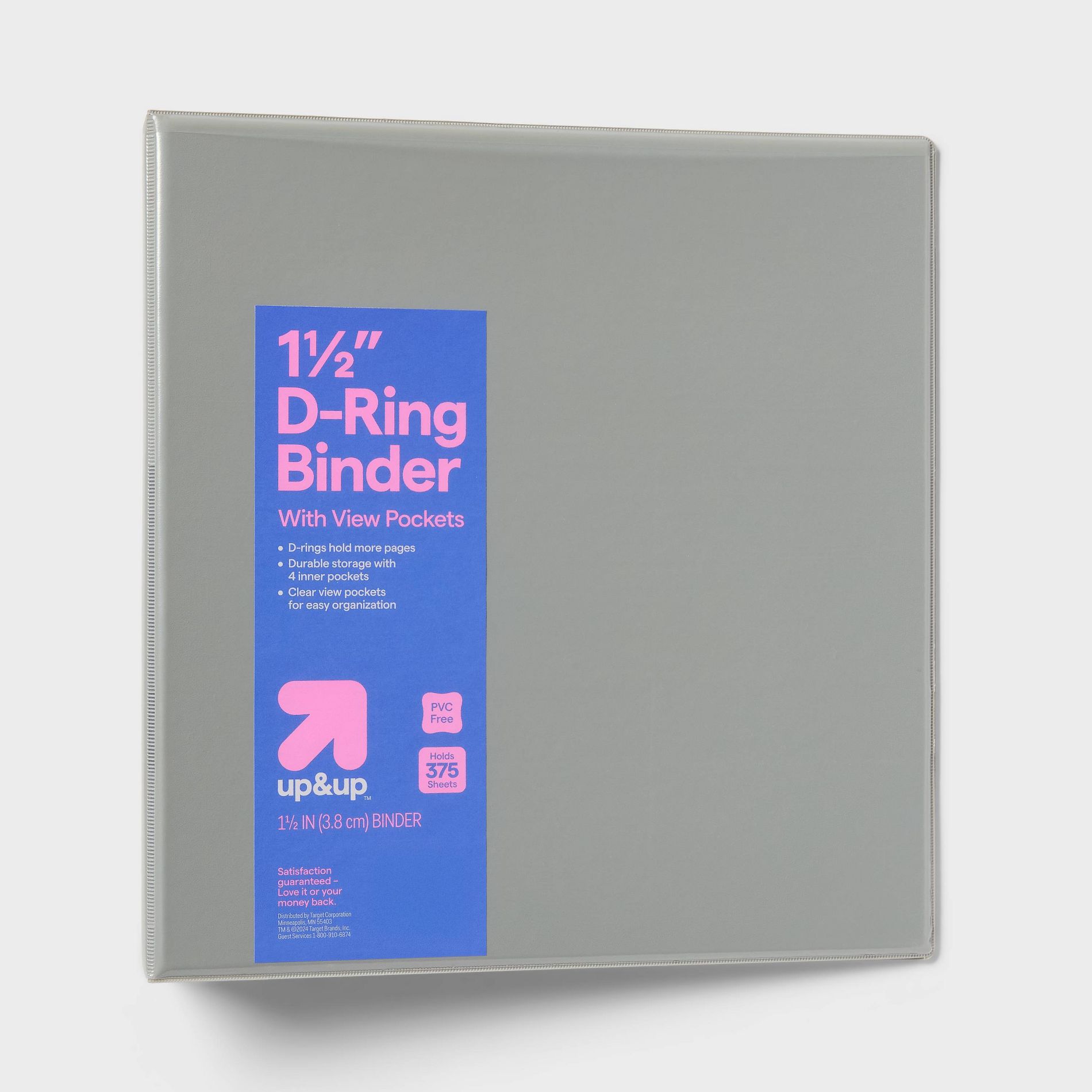 1.5" 3 Ring Binder Clear View Gray - up&up™: D Rings, 375 Sheet Capacity, 4 Internal Pockets, Polypropylene