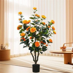 Camellia Artificial Plants with Planter, Realistic Faux Floral Plant  in Pot with 28 Flowers Floor Plants For Home Office Living Room Decoration - 1 of 4