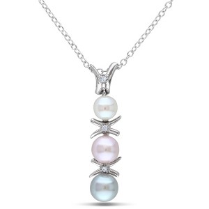 EVERLY JEWELRY | Sterling Silver White, Pink and Grey Cultured Freshwater Pearl and Diamond Drop Pendant with Chain, 18" - 1 of 4