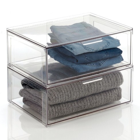 mDesign Clarity Plastic Stacking Closet Storage Organizer Bin with Drawer,  Clear - 12 x 16 x 6, 2 Pack