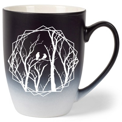 Elanze Designs Birds and Branches Two Toned Ombre Matte Black and White 12 ounce Ceramic Stoneware Coffee Cup Mug