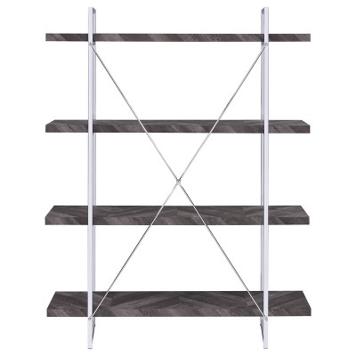 Grimma 47'' Rustic Gray Herringbone and Chrome Bookshelf