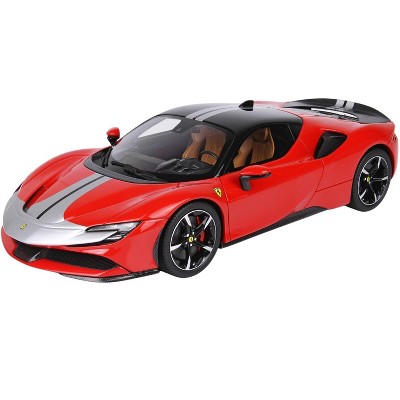 Ferrari SF90 Stradale Pack Fiorano Red w/Black Top & Silver Stripes & DISPLAY CASE Ltd Ed 48 pcs 1/18 Model Car by BBR