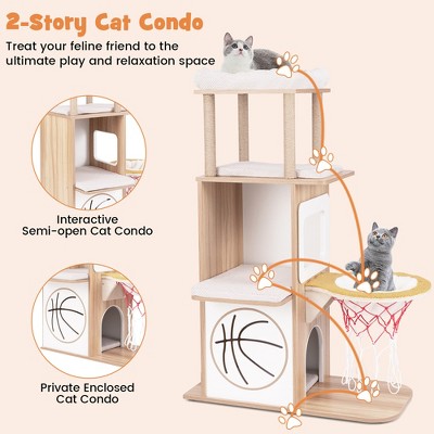 Natural Wooden Cat Tree with Condos, Perches, and Basketball Hoop
