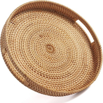 BRINJOY 14" Round Woven Tray with Handles - Natural Rattan Coffee Table Decor, Serving Tray for Kitchen & Home