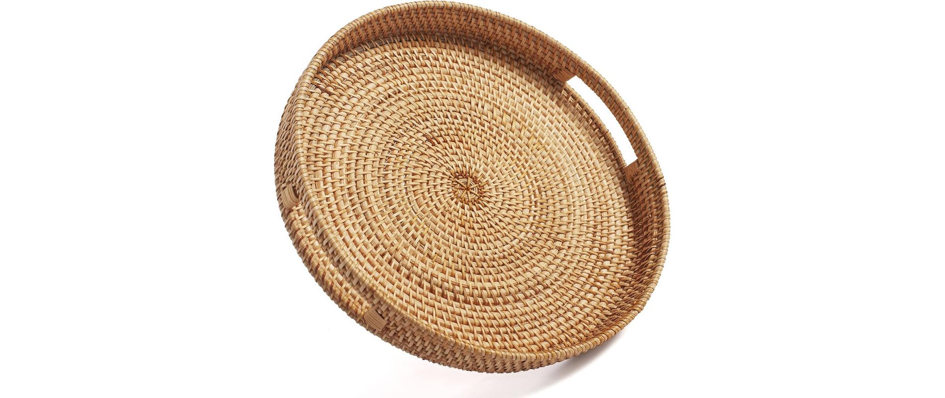 BRINJOY 14" Round Woven Tray with Handles - Natural Rattan Coffee Table Decor, Serving Tray for Kitchen & Home