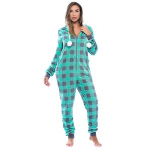 Just Love Womens One Piece Buffalo Plaid Adult Bodysuit Faux Sherling Lined Hoody Pajamas - 1 of 4