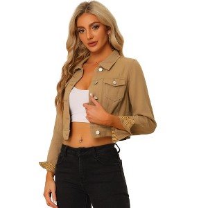 Allegra K Women's Solid Cropped Button-Down Plaid Cuffs Jean Jacket with Pockets - 1 of 4