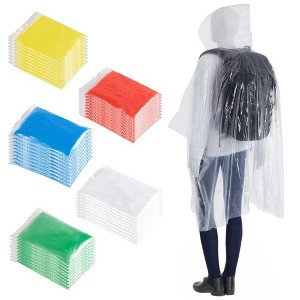 Juvale 50 Pack Disposable Rain Ponchos for Adults, Bulk Emergency Ponchos with Hood, Raincoats, Rainbow Colors, Clear - 1 of 4