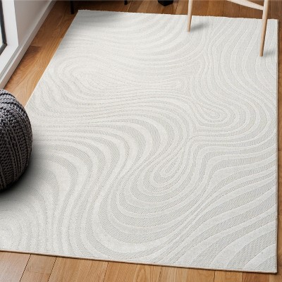 Cream and Ivory 8' x 10' High-Low Striped Synthetic Area Rug