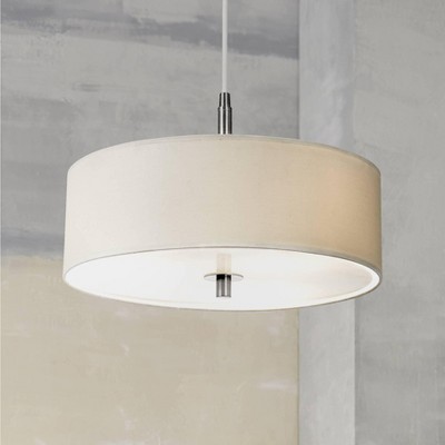 Brushed Nickel Pendant Light with White Fabric Shade, 16" Wide