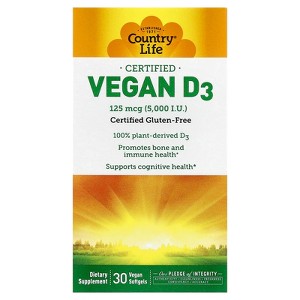 Country Life Certified Vegan D3, 125 mcg (5,000 IU), 30 Vegan Softgels - 1 of 4