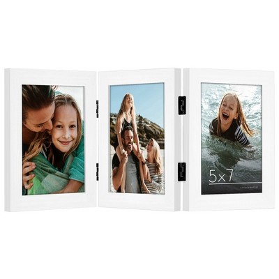 Americanflat Hinged 3 Photo Frame in White MDF - Desk Photo Frame for 5X7" Photos - Tri Folding Picture Frame For Desk