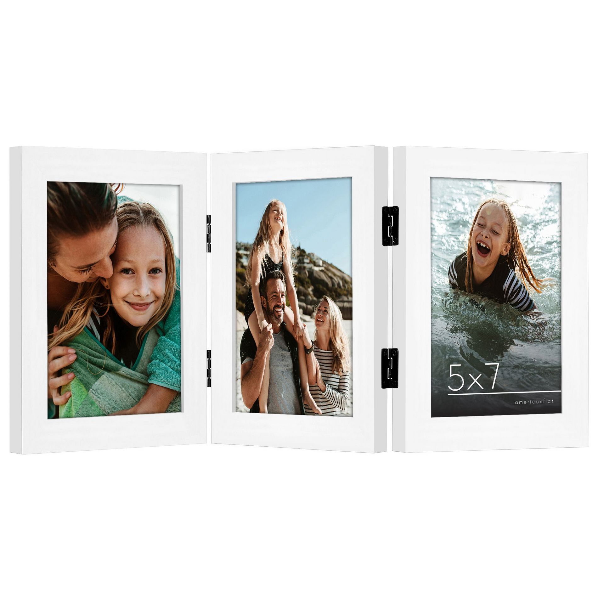 Americanflat Hinged 3 Photo Frame in White MDF - Desk Photo Frame for 5X7" Photos - Tri Folding Picture Frame For Desk