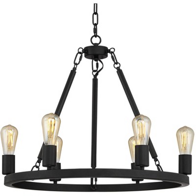 Franklin Iron Works Matte Black Wagon Wheel Chandelier 24 1/2" Wide Industrial Rustic Farmhouse 6-Light Fixture Dining Room House