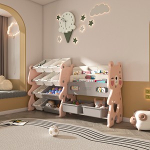 Kids Toy Organizer with 2-Tier Bookshelf and 12 Storage Bins for Bedroom or Playroom-3irtyhousy - 1 of 4