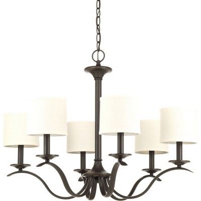 Antique Bronze 6-Light Chandelier with Off-White Linen Shades