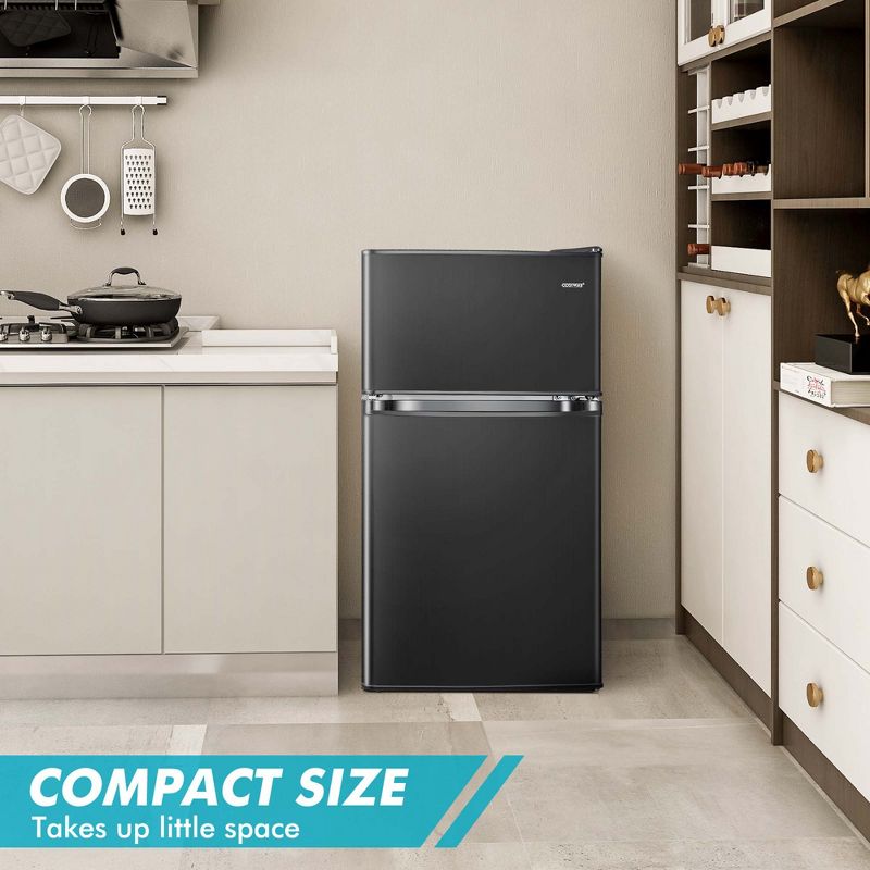 Costway Compact Refrigerator, 3.2 Cu.Ft. Fridge Freezer Compartment with Reversible 2 Door Black, 2 of 11