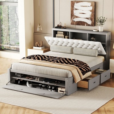 NicBex Queen Upholstered Bed Frame with Storage Headboard,Shoe Rack and 4 Drawers,Wood Slats Support,No Box Spring Needed,Easy Assembly,Gray/Espresso