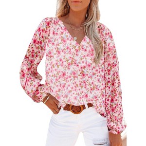 Coolmee Women's Blouses Floral Boho Tops V Neck Lightweight Long Sleeve Shirts Fall Dressy Casual Vacation Outfits - 1 of 4