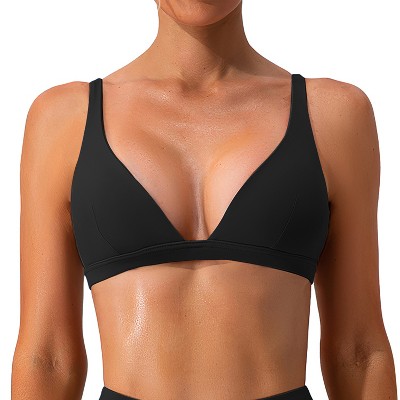 NPolar "Women Deep V-Neck Sports Bra U-Shaped Back Padded Strappy Crop Open Back Low Impact Gym Yoga" Medium Black