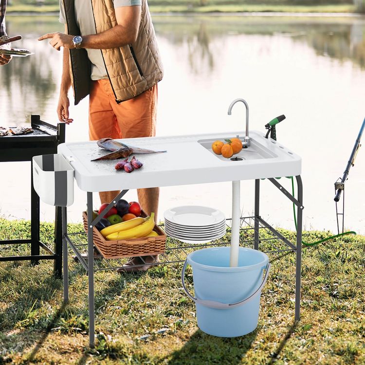 Costway Folding Fish Cleaning Table Portable Camping Table with  Faucet Hose Grid Rack, 2 of 10