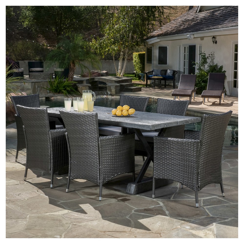 Capri 7pc Light Weight Concrete Patio Dining Set with Cushions Gray Christopher Knight Home