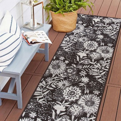 Gray Floral Flat Woven Reversible Indoor/Outdoor Rug