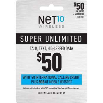 Net10 $50 Unlimited 30-Day Talk/Text/Data Prepaid Card (Email Delivery)