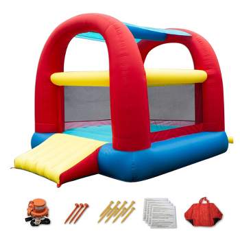Banzai Cool Canopy Bouncer Outdoor Backyard Inflatable Kids Bounce House with Slide, Shade Canopy, Blower Motor, Ground Stakes, and Storage Bag