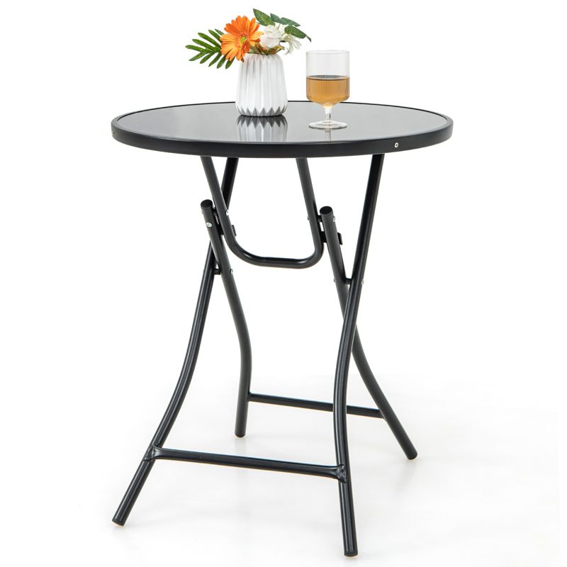 Tangkula 23 Inch Round Bistro Table Patio Folding Cocktail Table w/ Tempered Glass Tabletop Heavy-Duty Metal Frame, 1 of 9