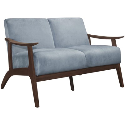 Carlson Blue Gray Velvet Loveseat with Dark Walnut Wood Frame