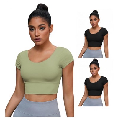 INSPIRE CHIC 3 Packs Women's U Neck Short Sleeve Deep V Back Shapewear Workout Tank Tops with Bulit in Bra