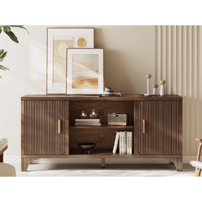 SKONYON Mid Century Modern TV Stand for 55–65 Inch TVs – Boho Media Console with Fluted Doors, Storage Cabinets & Open Shelf