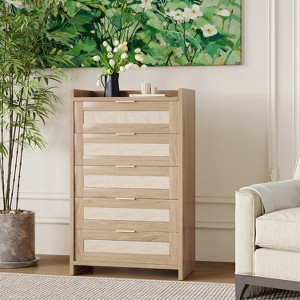 Oak Rattan 5 Drawer Dresser for Bedroom 46" High Wardrobe Bohemian Style Nightstand for Living Room Hallway Baby Room Entryway - 1 of 4