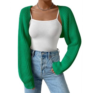 Women's Long Sleeve Open Front Knitted Crop Sweater Cardigan Drop Shoulder Knit Bolero Shrug - 1 of 4