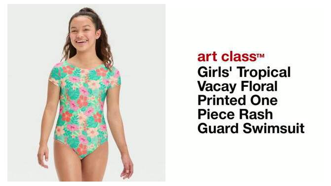 Girls&#39; Tropical Vacay Floral Printed One Piece Rash Guard Swimsuit - art class&#8482;, 2 of 5, play video