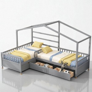 Twin Size L-Shaped House Platform Bed with Roof Frame and 3 Storage Drawers, Solid Wood and MDF Frame - 1 of 4