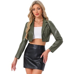 INSPIRE CHIC Women's Faux Leather One Button Lapel Collar Cropped Moto PU Jackets - 1 of 4
